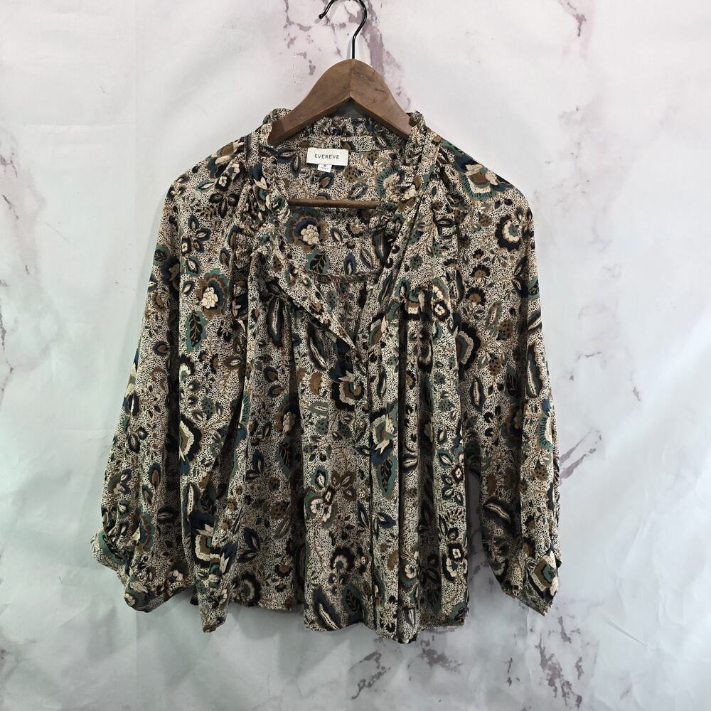 Evereve Shirt Women Medium Beige Blouse Popover Button Ruffle Long Sleeve Floral